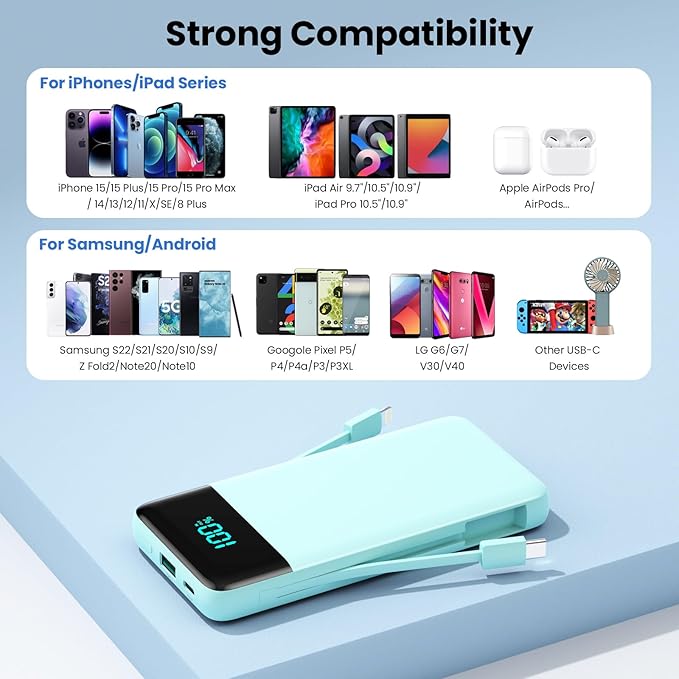 Portable Charger for iPhone with Built in Cables and Wall Plug,Upgraded 13800mAh Fast Charging USB C Power Bank,4 Outputs Travel Essential Battery Pack Compatible with iPhone 15/14/13/12,Samsung-Green