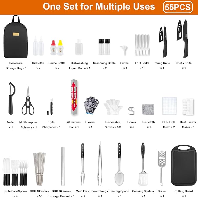 55Pcs Camping Utensils Cooking Set, 2 in 1 Camping Cooking Set & Campfire Grilling Cookware, Portable RV Camping Essentials, Camp Cooking Gear Must Haves Supplies for Travel BBQ Grill Picnic