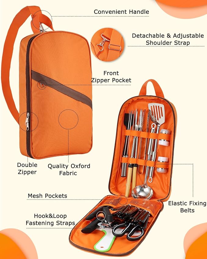 Camping Cooking Set - Camping Utensil Set Car Camping Cooking Essentials Gear for Camp Kitchen Cooking and Grilling, Stainless Steel & Silicone Ideal Gift for RV Tent Camper, Picnics, BBQs