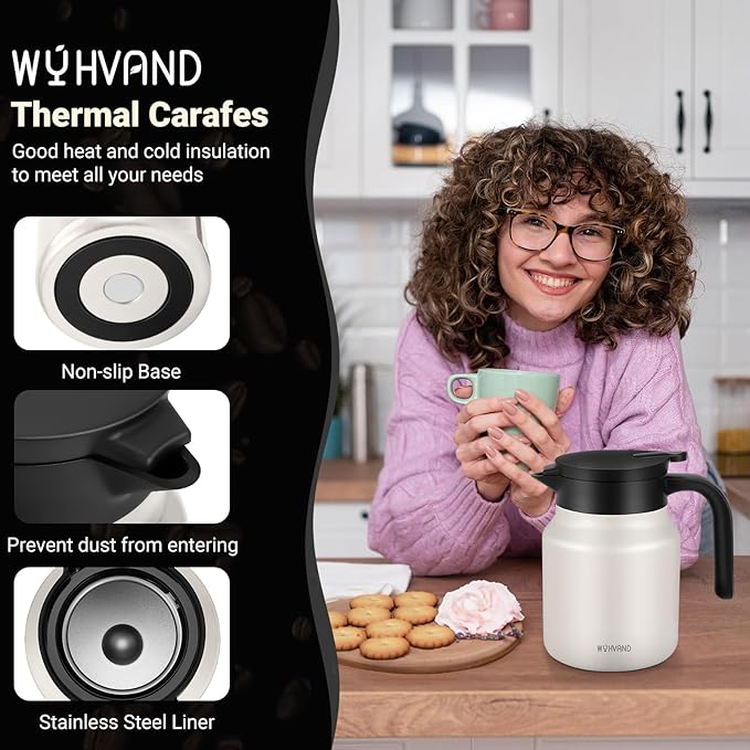 34Oz Thermal Coffee Carafes For Keeping Hot/Cold, Stainless Steel Coffee Carafe, Dustproof Insulated Water Carafe for Party/Home, Cream