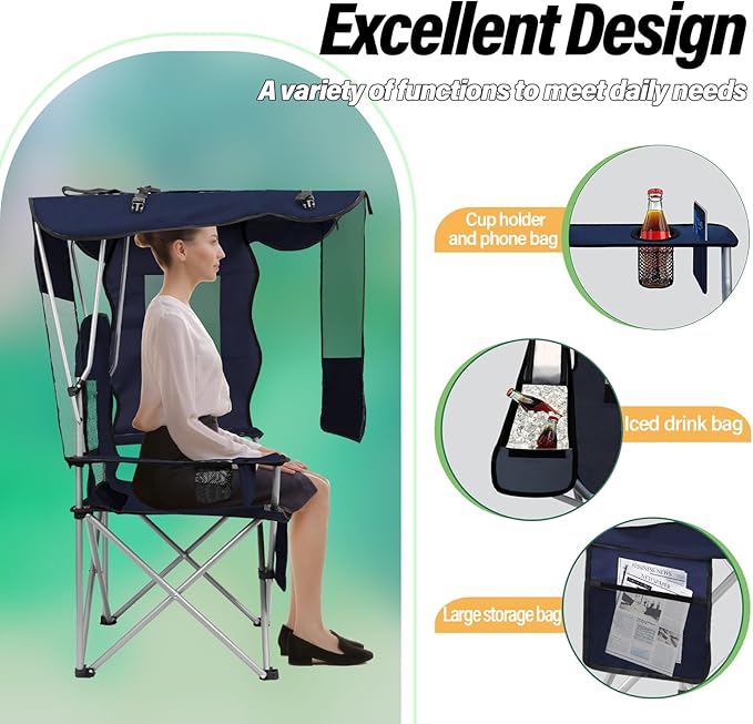 BDL Camping Chair with Canopy Shade Portable Folding Beach Chairs with Cooler, Mesh Backrest, Cup Holder, and Pocket for Camping, Fishing, Beach, and Sports,Blue