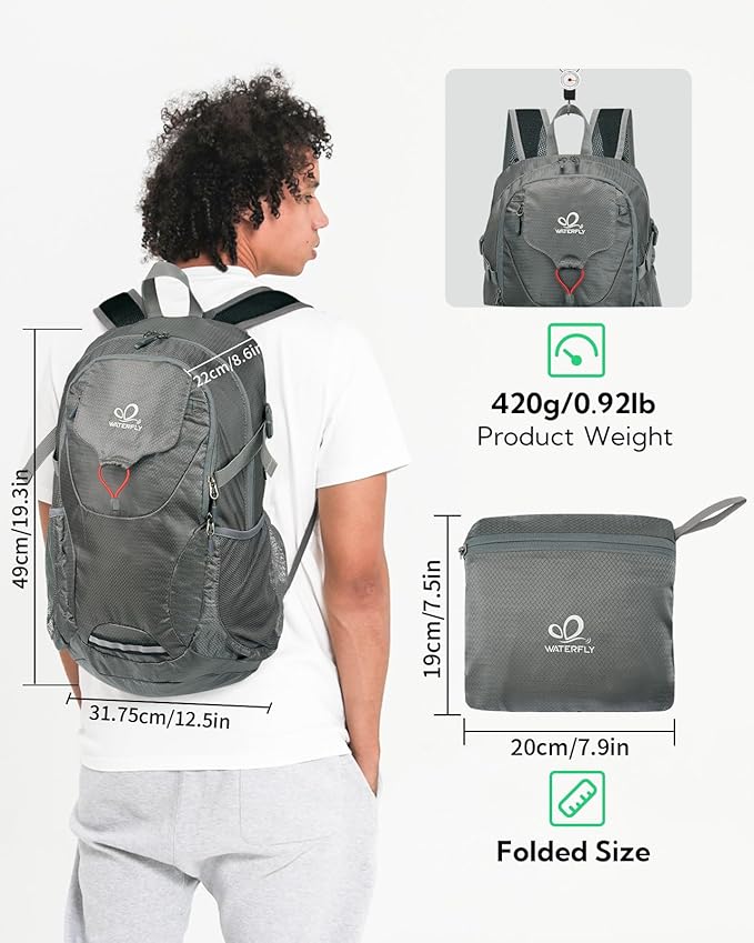 WATERFLY Lightweight Packable Hiking Backpack: 30L Foldable Travel Daypack Ultralight Camping Day Pack for Woman Man Grey