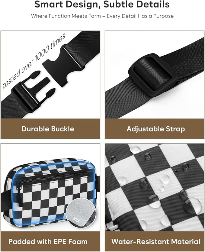 Pritent Fanny Packs for Women Cross Body Bag Waterproof Belt Bag with Adjustable Strap and Zipper Back Pocket Small Crossbody Bags Fashion Waist Packs for Workout Travelling(Checkered Black, Large)