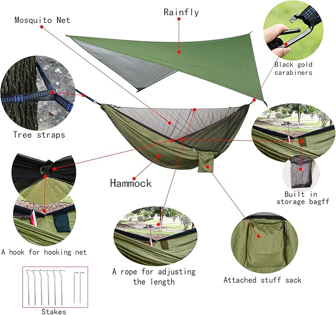 Oversized rain Tarpaulin,Camping Hammock with Mosquito Net Rain Fly Heavy Duty Tree Strap,Single Double Hammock Tent Waterproof Rainfly Set,Camping Backpacking Backyard Patio Hiking Travel Outdoor