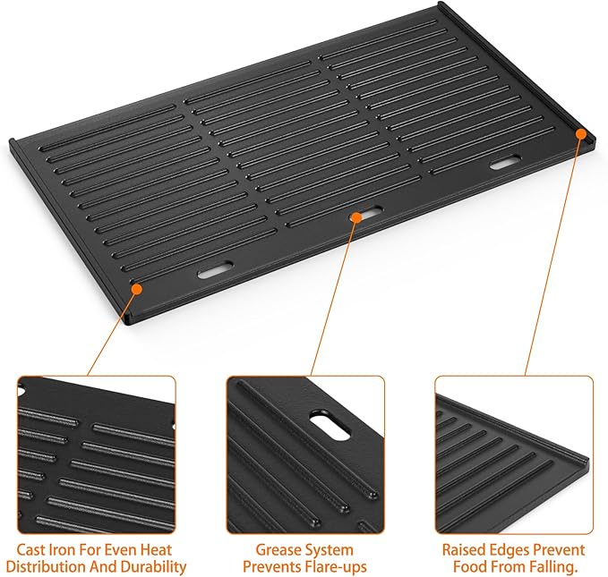 Onlyfire Universal Cast Iron Griddle, Reversible Cooking Griddle for Gas/Charcoal Grills, 17.3" x 9.6"