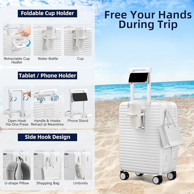 20 Inch Carry on Luggage 22x14x9 Airline Approved Hard Shell Suitcases with Wheels, Top Opening Expandable Carry on Luggage with Cup Holder Small Rolling Suitcase with Lock, White