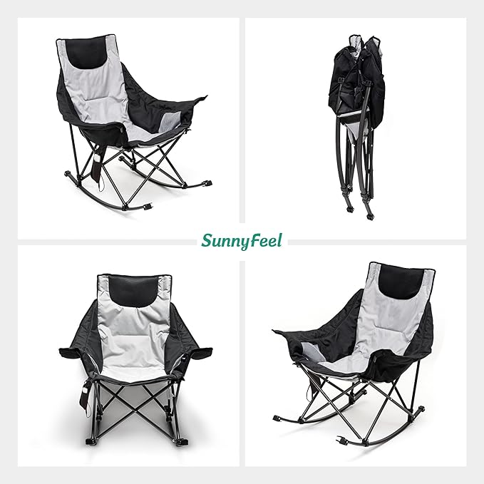 SUNNYFEEL Oversized Heated Camping Chair, Folding Rocking Camping Chairs with Luxury Padded Recliner,Carry Bag, 300 LBS Heavy Duty for Lawn/Outdoor/Picnic/Patio, Portable Rocker Camp Chair