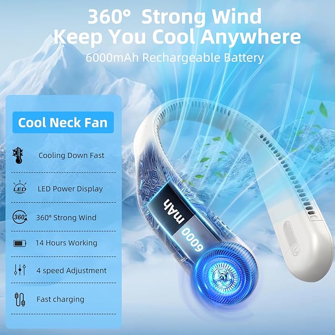 Portable Neck Fan,Hands Free Personal Wearable Bladeless Fan,6000mAh USB Rechargeable,360° Cooling,LED Display,4-Speeds,Birthday Gifts for Men Women Dad Mom,Outdoor Indoor Travel Camping (Light grey)