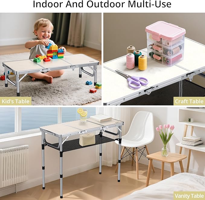 Folding Camping Table with Storage Net, 3ft Camping Table Aluminum Folding Table with 3 Adjustable Height Max 27.1 Inch, Portable, for Outdoor Backyard BBQ, Silver