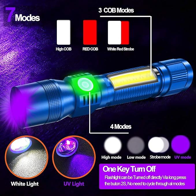 Black Light UV Flashlight Rechargeable, 3in1 Super Bright Tactical Flashlights LED UV Black Light &Redlight, 1500Lumen 7Modes, Zoomable, Waterproof Pocket Flashlight for Pet Stains Detection,Camping