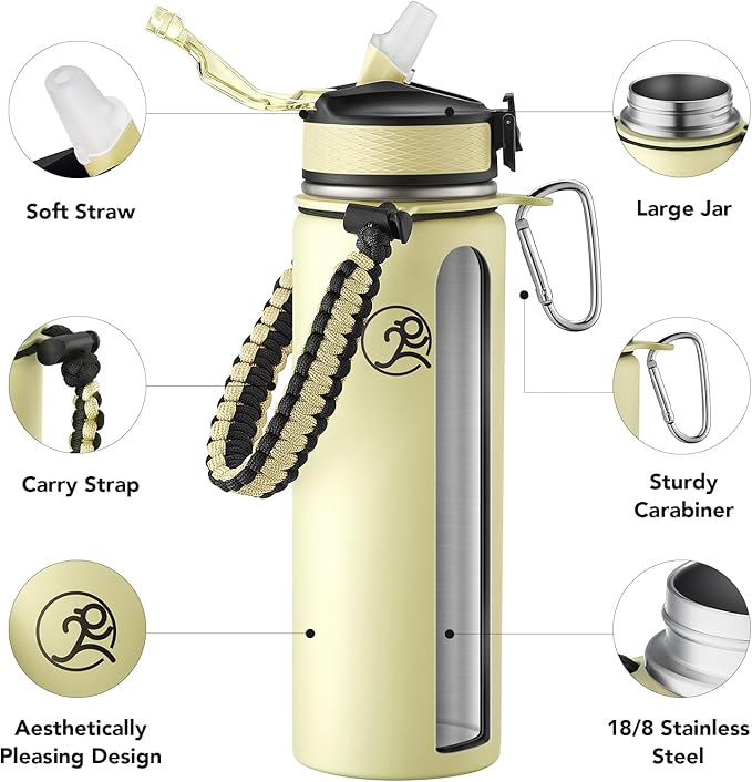 GOSWAG Insulated Sports Water Bottle, 24oz 2 Lids(with Straw/No Straw), Stainless Steel Water Bottles with Paracord Handle, Insulated Bottle with Double-Wall Vacuum Insulation