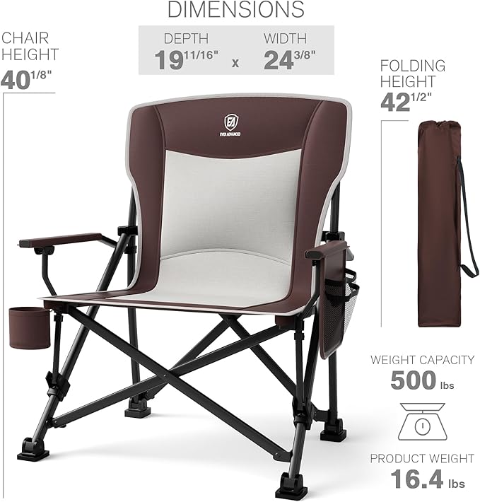 EVER ADVANCED Oversized Folding Camping Chair, for Adults Heavy Duty Lawn Chair with Side Pockets, Portable Collapsible Quad Chair for Outside, Support Up to 500lbs, Red