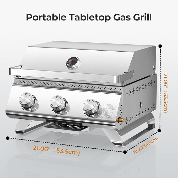 R.W.FLAME Premium 3 Burner Tabletop Propane Gas Grill Stainless Steel Portable Outdoor BBQ Grill with Griddle,24,000 BTU Multi-Zone Cooking,Built-in Thermometer,Backyard,Camping & Patio Gatherings