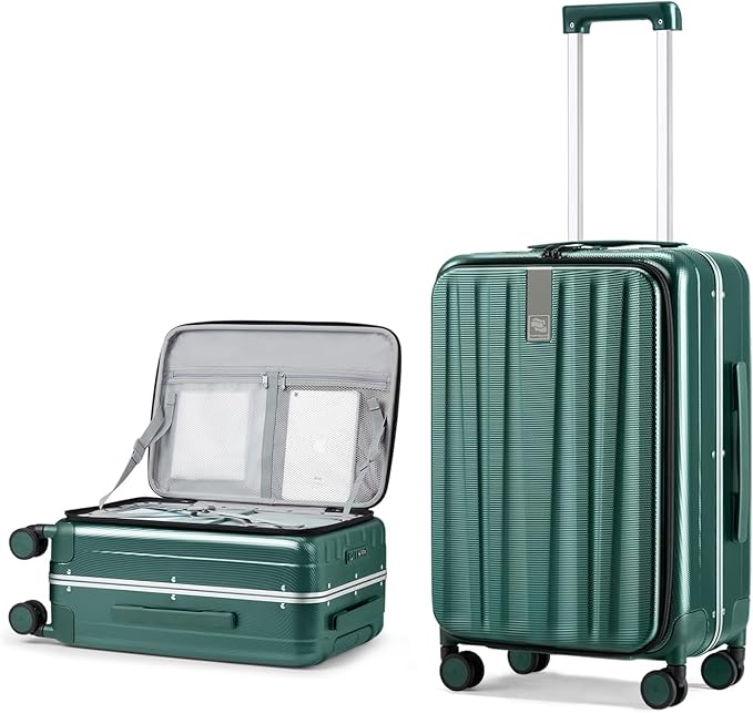 Hanke 24 Inch Checked Luggage Front Opening Rolling Suitcase Hard Sided Luggage with Spinner Wheels Travel Luggagefor Woman Men.(Dark Green)