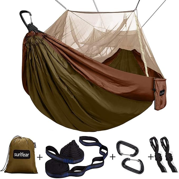Sunyear Camping Hammock, Portable Single & Double Hammock with Net, 2 Person Hammock Tent with 2 * 10ft Straps, Best for Outdoor Hiking Survival Travel