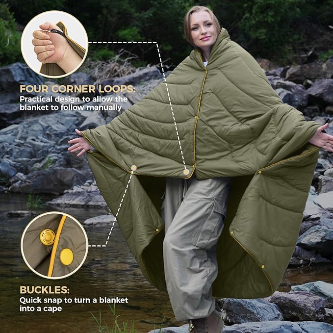 KingCamp Ultralight Camping Blanket, Packable Down Alternative Puffy Wearable Blankets Weatherproof Warm Package Quilt with Snap Buttons & Corner Loops for Outdoor Travel Stadium (69"L x 53"W, GREEN)