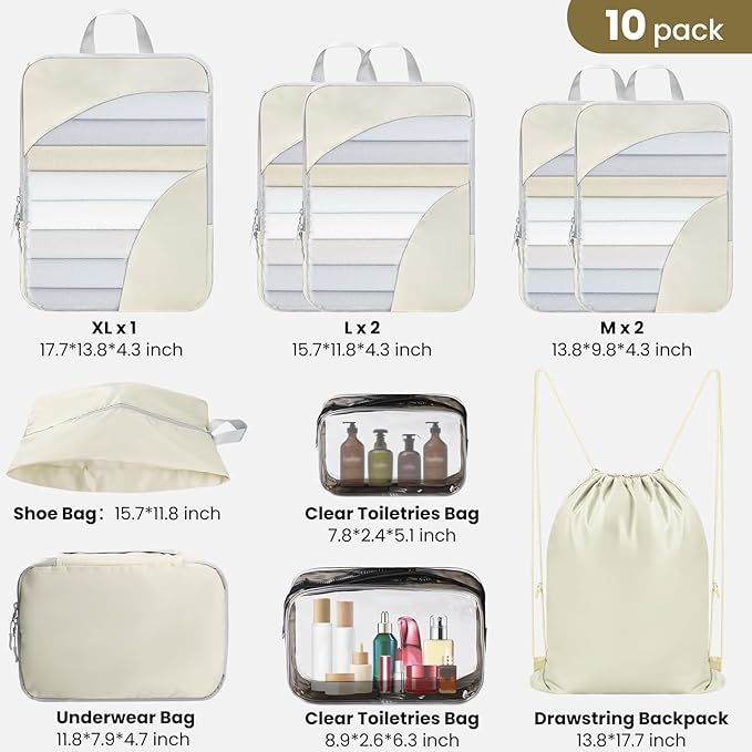 10 Set Compression Packing Cubes, Lightweight Travel Essentials, Stretchable Expandable Storage Bags, Compression Bags for Travel Accessories Luggage Storage Set (10 Pcs, Beige)