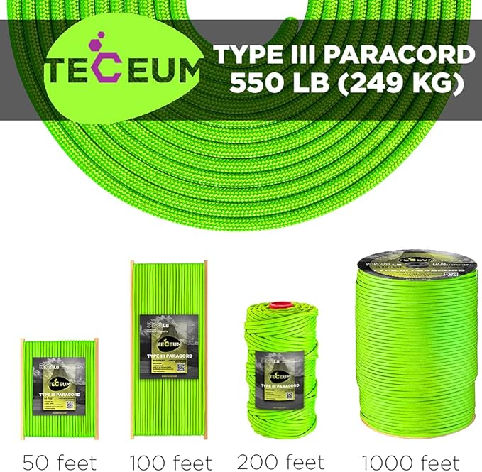 TECEUM 5/32" Paracord Rope 1000 – 1000ft / 200ft / 100ft / 50ft – Tactical Parachute Cord 4mm – 45+ Colors – Nylon String for Survival & Camping Gear – Stripe Cord for Survival – Utility Rope