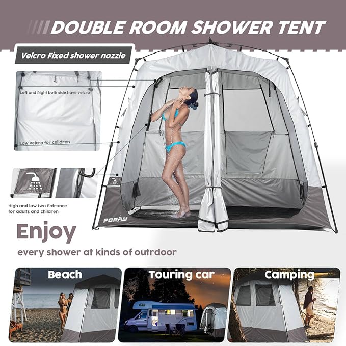 Camping Shower Tent Deluxe Changing Room Easy Set Up Privacy Shelter,Large Toilet Tent with Floor Drain Design for Beach, Camping,Hiking with Stakes and Ropes for Stability