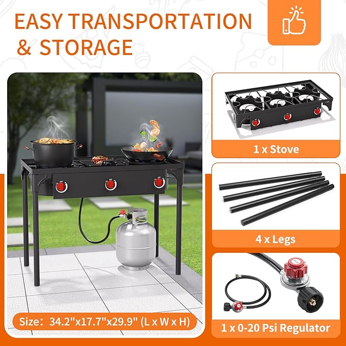 High Pressure Propane Burner, 3 Burner Camping Stove with Detachable Legs, 225,000 BTU Propane Gas Stove Burner with 0-20 PSI Regulator for Camping, Tailgating, Backyard, Outdoor Cooking