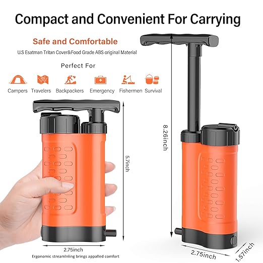 Water Filter Pump, 0.01 Micron 5-Stage Water Filter,Portable Outdoor Emergency and Survival Gear - Camping, Hiking, Backpacking (K8188-Orange)