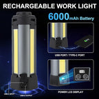 Rechargeable LED Work Light with Stand, 2000LM 3000/6000K Dimmable Cordless Work Light with 5 Lighting Modes and 3 Brightness, Portable Solar Job Site Lighting Kit