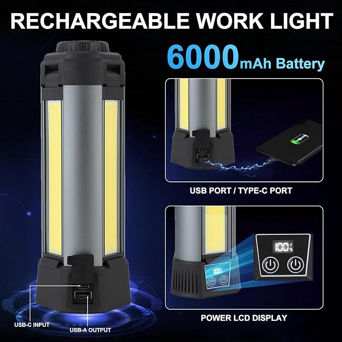 Rechargeable LED Work Light with Stand, 2000LM 3000/6000K Dimmable Cordless Work Light with 5 Lighting Modes and 3 Brightness, Portable Solar Job Site Lighting Kit