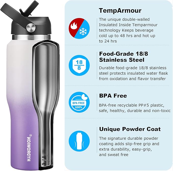 HYDROWION Stainless Steel Water Bottle, 32oz Tumbler Water Flask W/Straw Lid, Spout Lid and Flex Cap, Insulated Water Bottle (Cold for 48 Hrs,Hot for 24 Hrs) Fit in Any Car Cupholder,White&Purple