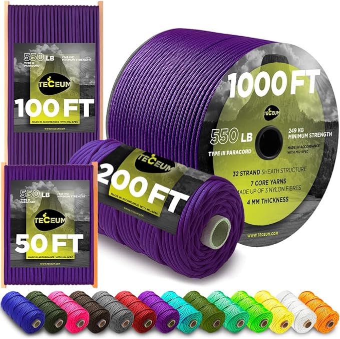 TECEUM 5/32" Paracord Rope 1000 – 1000ft / 200ft / 100ft / 50ft – Tactical Parachute Cord 4mm – 45+ Colors – Nylon String for Survival & Camping Gear – Stripe Cord for Survival – Utility Rope
