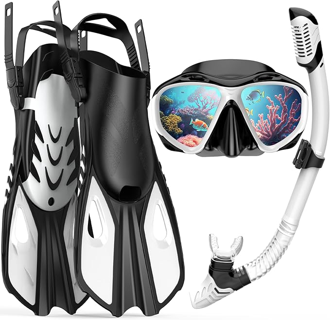 Snorkeling Gear for Adults Men Women, 3 in 1 Snorkel Set with Panoramic View Diving Mask Anti-Fog Anti-Leak, Snorkel Mask Dry Top Snorkel Fins for Swimming, Snorkeling and Travel Diving