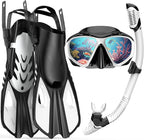 Snorkeling Gear for Adults Men Women, 3 in 1 Snorkel Set with Panoramic View Diving Mask Anti-Fog Anti-Leak, Snorkel Mask Dry Top Snorkel Fins for Swimming, Snorkeling and Travel Diving