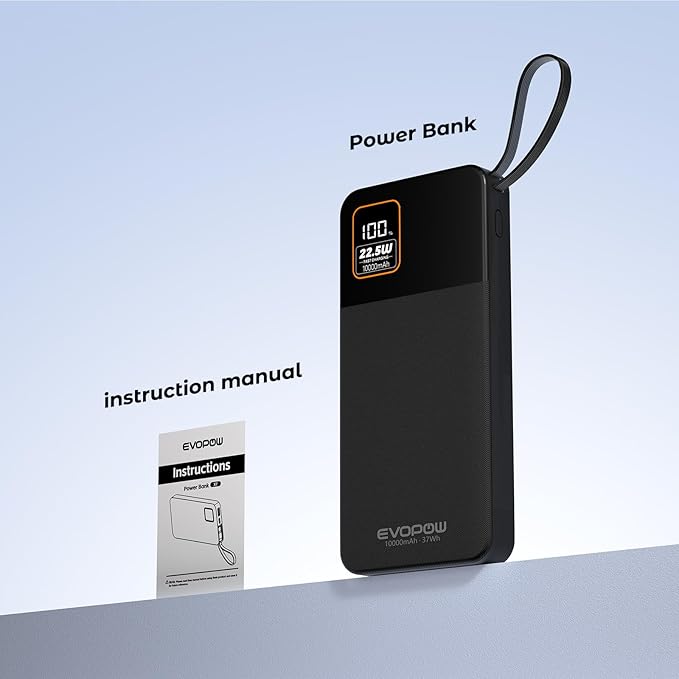 Portable Charger Power Bank, 10000mAh 22.5W Super Fast Charging Powerbank with Built-in USB C In&Out Cable, Slim External Battery Pack for iPhone 16/15/14/13/12/11 iPad Samsung S24 S23 Android (Black)