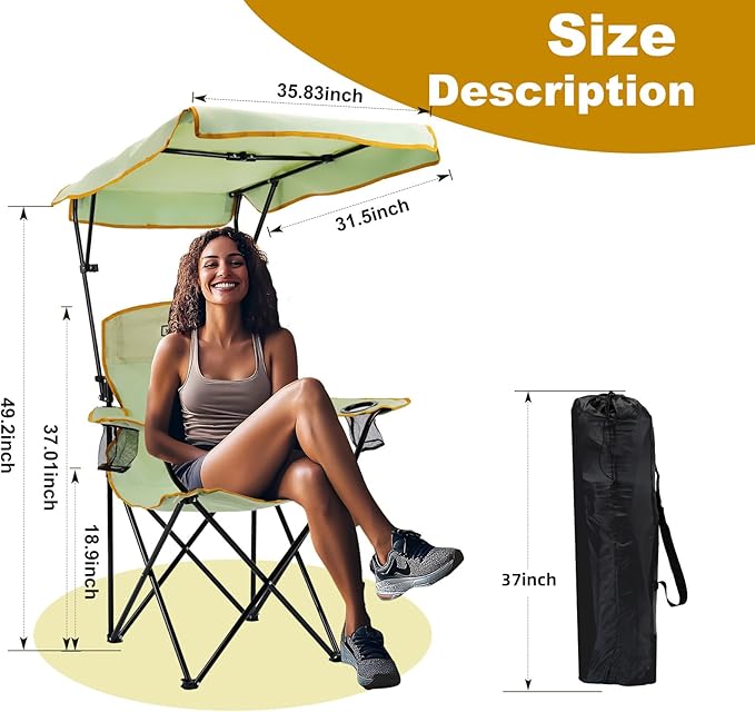 YOUNG WOOD Portable Camping Chair Beach Chair with Shade Canopy, Fold Lightweight Oversized for All, Easy to Open and Close Without Installation, Side Pocket Design for All Outdoor Activities，Green