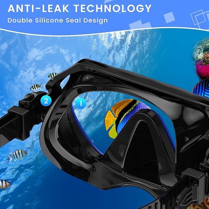 Snorkeling Gear for Adults, Adult Snorkel Mask Set Scuba Diving Dry-Top, Swimming Goggles w/Nose Cover, HD Tempered Glass Panoramic Anti-Leak Anti-Fog, Travel Snorkeling Packages Storage Bag, 2 Pack