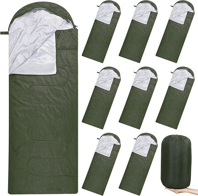 Macarrie 10 Pcs 0 Degree Camping Sleeping Bags Bulk for Adults Cold Weather 4 Season Warm Sleeping Bag with Compression Sack for Homeless Donation Shelter Emergency Hiking