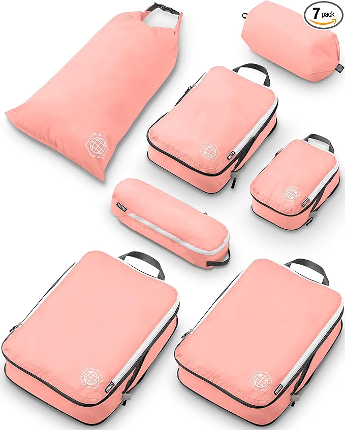 Large Compression Packing Cubes for Travel-Packing Cube Luggage Organizers 7 Piece Set for Checked Luggage-Ultralight, Expandable/Compression Bags by TRIPPED Travel Gear (Dusty Rose)