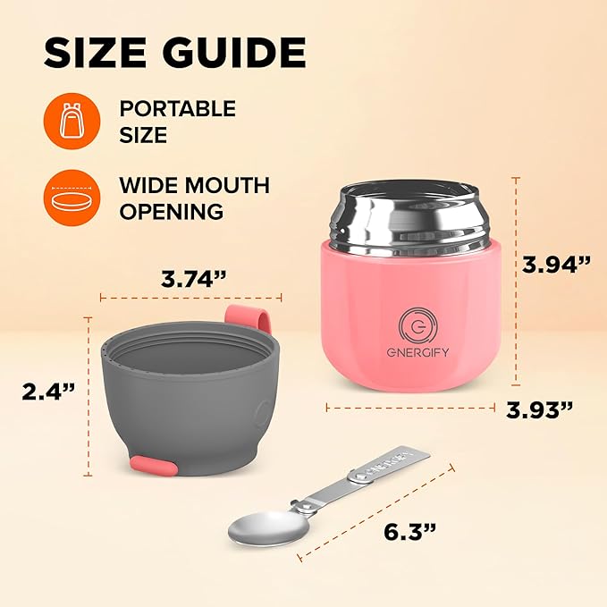 Vacuum Insulated Food Jar. Large 12oz Bowl incl. Folding Spoon, Cup. Wide Mouth Keep Hot & Cold Drinks Soup thermo Lunch Container for Adults. BPA-Free Stainless Steel, Leak Proof Antique Pink