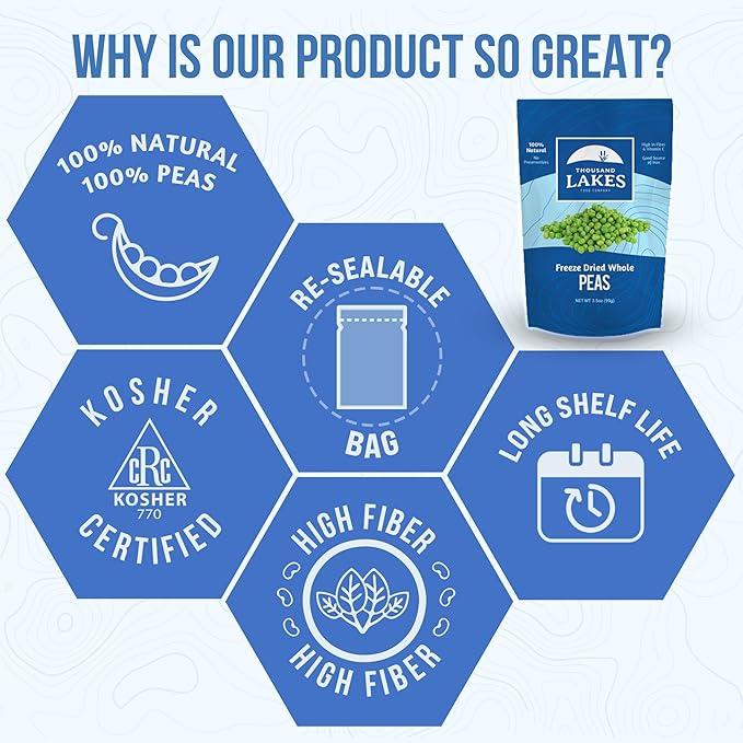 Thousand Lakes Freeze Dried Vegetables - Whole Peas 2-pack 3.5 ounces (7.0 ounces total) | No Salt Added