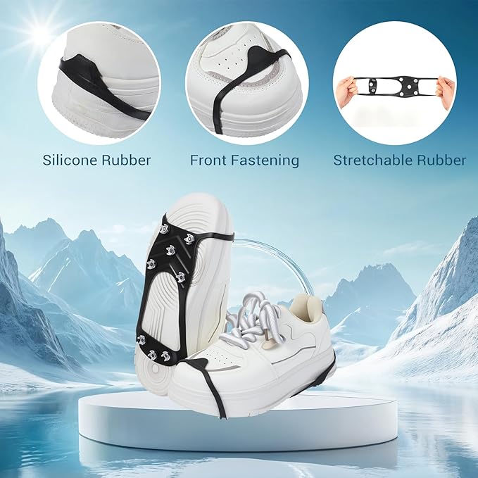 2 Pairs Ice Cleats for Shoes and Boots, Ice Snow Gripper Shoe/Boot Traction Cleats with 8 Stainless Steel Spikes, Winter Outdoor Anti-Slip Crampons for Walking, Climbing and Hiking