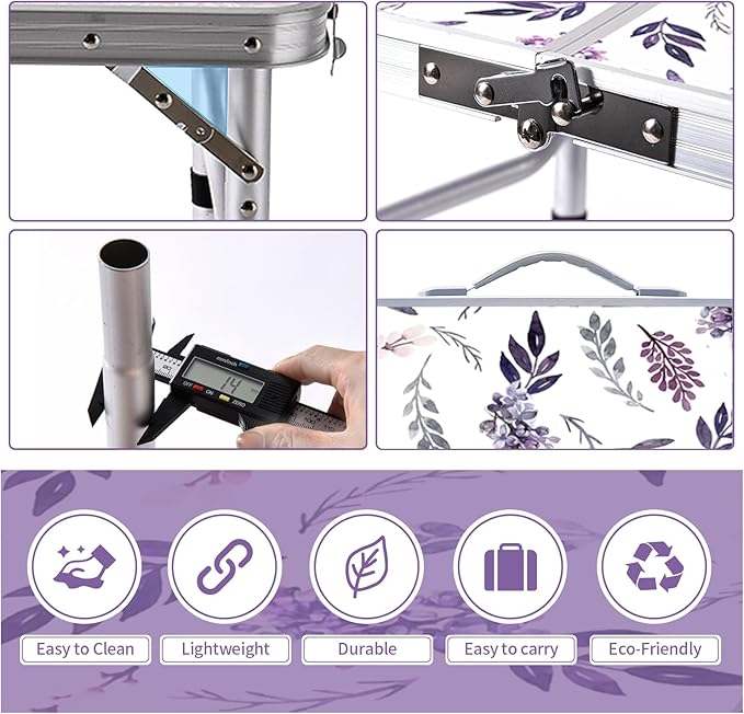 Yriuat Folding Camping Table 3ft Portable Pinic Table Adjustable Height Small Card Table Aluminum Foldable Lightweight with Carry Handle for Outdoor Indoor Hiking Camp BBQ Beach (Misty Lilac)