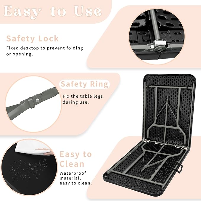 Set of 2 Folding Table 5 FT Camping Table Portable Heavy Duty Plastic Rectangular Outdoor Dining Table Steel Legs Fold-in-Half with Carrying Handle for Indoor,Picnic,Party,Wedding,Events(Black)