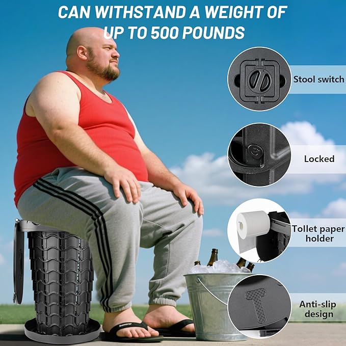 XXL Retractable Portable Toilet Travel Toilet (440lbs Capacity) Adjustable Height Camping Toilet for Adults & Kids (3.19-18.7 Inches) Collapsible Portable Potty for Camp/Car/Boat/Tent