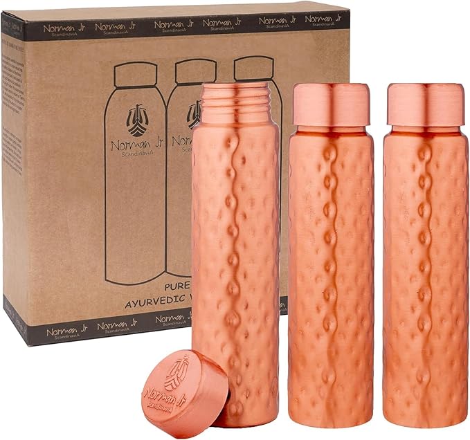 NORMAN JR Copper Water Bottle 550ml - Gift Box of 3, Slim Hammered, an Ayurvedic vessel made of pure copper - helps you drink more water with many health benefits