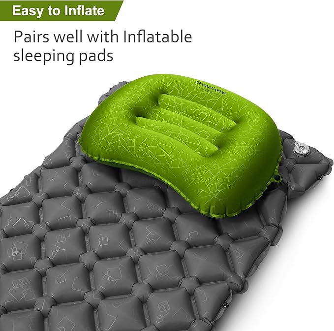 Inflatable Camping Pillow, Travel Blow Up Air Pillow, Neck Lumbar Support Ultralight Compact Pillow for Outdoor Hiking Backpacking Car Beach Airplane Sleeping Essentials, Green