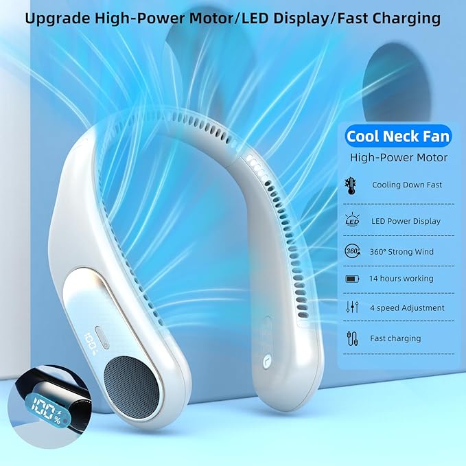 Portable Neck Fan,Personal Wearable Bladeless Fan,LED Display,4-Speeds,6000mAh USB Rechargeable,360° Strong Cooling Wind,Hands Free,Long Lasting,Birthday Gifts for Men Women Dad Mom (Light grey)