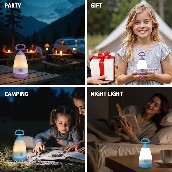 Kids Camping Lantern & Night Light Battery Powered, 360° Eye-Safe Light (AAA Included), IPX4 with RGB Modes Portable for Outdoor, Emergency , Gift for Children (Purple+Blue 2 Pack)