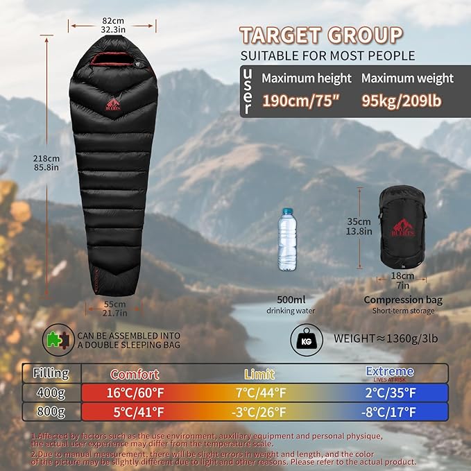 Down Backpacking Sleeping Bag 620FP, Lightweight Sleeping Bag for Adult Backpacking, Hiking, Camping. with Compression Bag.