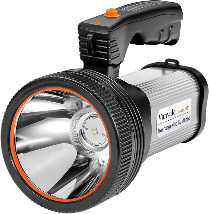 Rechargeable Searchlight Handheld LED Tactical Flashlight with Handle Spotlight High-Power Super Bright Torch with USB Output Torch (Silver)