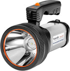 Rechargeable Searchlight Handheld LED Tactical Flashlight with Handle Spotlight High-Power Super Bright Torch with USB Output Torch (Silver)