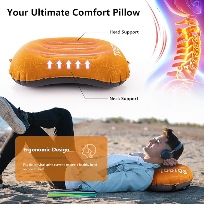 TOBTOS Inflatable Camping Pillow for Camping, Ultralight Backpacking Pillow, Ergonomic Support for Neck & Lumbar, Blow Up Air for Travel, Hiking, Outdoor (Orange)